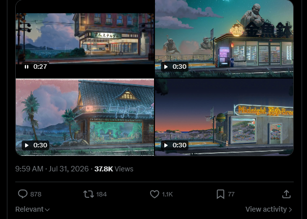 A social media post showing a 2x2 grid of four video thumbnails featuring Japanese storefronts and signage, posted on Jul 31, 2026, with 37.8K views, 878 comments, 184 retweets, and 1.1K likes.