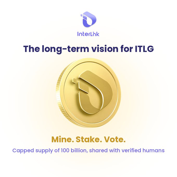 An InterLink promotional graphic for ITLG displaying a golden coin emblem with the slogan 'Mine. Stake. Vote.' and noting a 'Capped supply of 100 billion, shared with verified humans.'