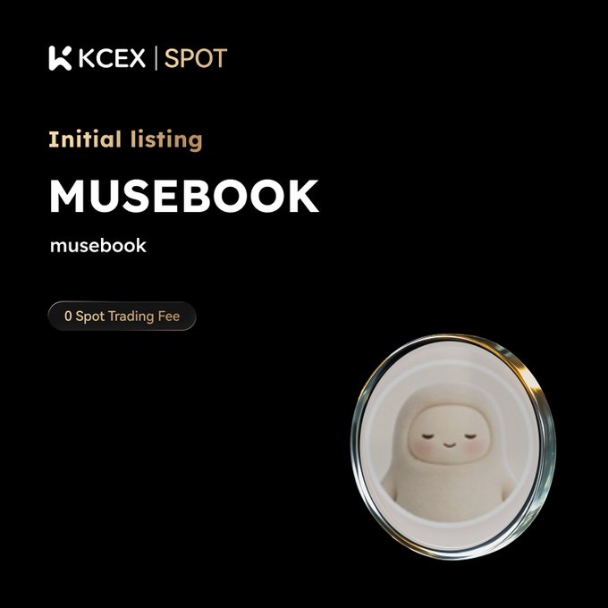A dark promotional graphic for 'KCEX | SPOT' announcing the initial listing of 'MUSEBOOK' token with '0 Spot Trading Fee', featuring a cute sleeping mascot character in a round container on the right.