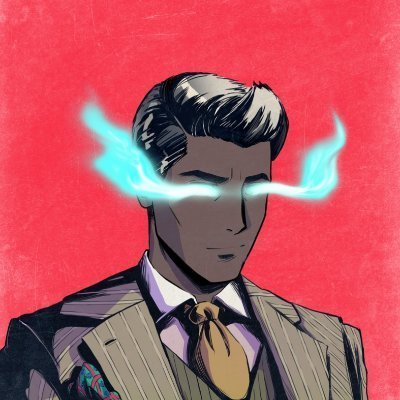 A comic book-style portrait of a dark-haired man in a pinstripe suit against a red background, with glowing cyan flames bursting from his eyes.