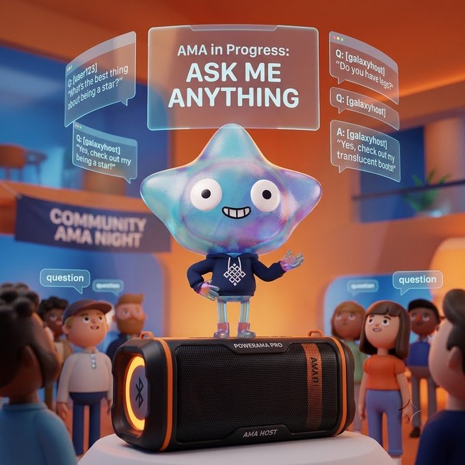 A 3D-rendered AMA in Progress promotional graphic featuring a star-shaped cartoon mascot standing on a portable speaker, surrounded by floating chat bubbles with questions, with a 'Community AMA Night' banner in the background.