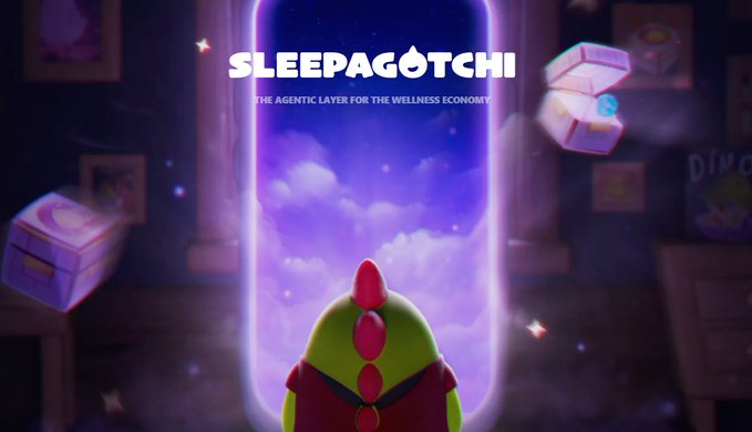 A colorful 3D animation showing a green character with a red comb looking into a portal of clouds, with the text 'SLEEPAGOTCHI - THE AGENTIC LAYER FOR THE WELLNESS ECONOMY'.