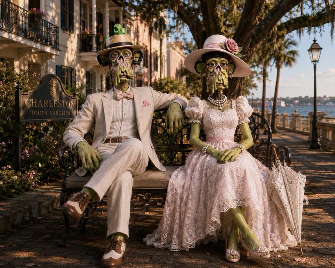 Two green-skinned humanoid figures in vintage attire sit on a bench in Charleston, South Carolina, in a stylized surreal scene.