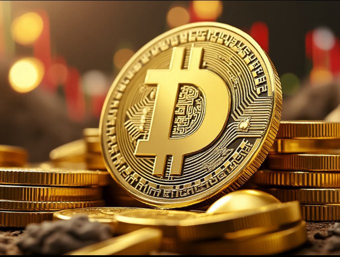 A gleaming stack of golden Bitcoin coins with the prominent "₿" symbol is displayed against a blurred backdrop of financial trading charts. The image visually represents cryptocurrency investing and market speculation, fitting the post's playful question about Dogecoin potentially reaching the meme-inspired price target of $0.69.