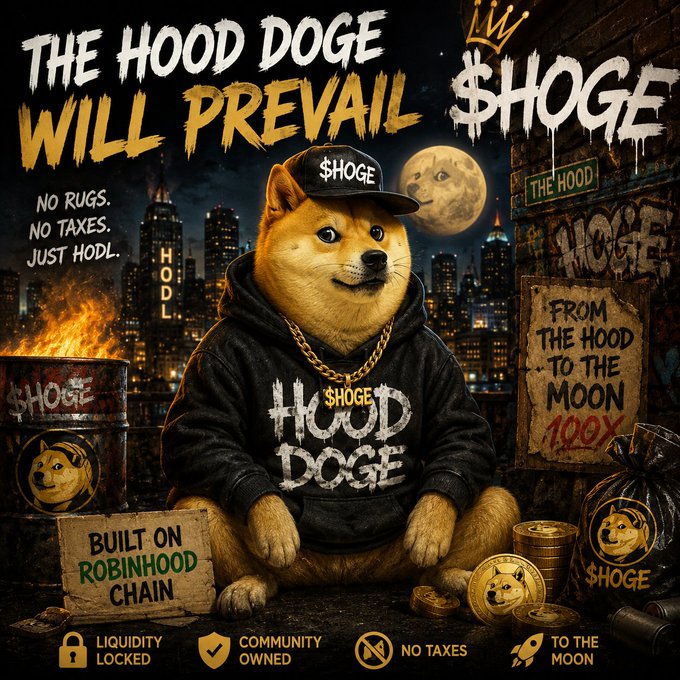 A promotional meme poster for a cryptocurrency called '$HOGE' themed around Doge, featuring a dog in a hoodie and gold chain, with slogans like 'THE HOOD DOGE WILL PREVAIL' and 'BUILT ON ROBINHOOD CHAIN'.