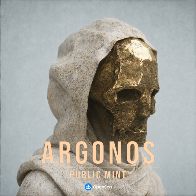 A hooded figure with a textured golden skull mask is featured against a muted gray background, with overlaid text reading "ARGONOS — PUBLIC MINT" and an OpenSea logo, promoting a limited 24-hour NFT mint at 0.01 ETH with a max of 4 per wallet.
