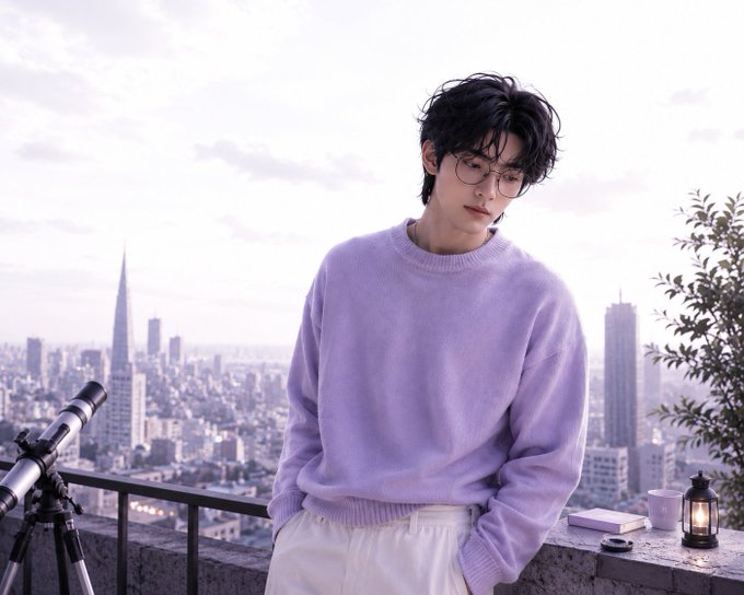 A young man with dark hair and glasses wearing a lavender sweater, standing on a rooftop with a city skyline and telescope in the background.