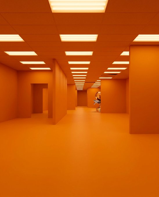 The image shows an empty room with orange walls that appear to be made of concrete or stone. The room has a long hallway extending from one end to another, with multiple doors along the way. There are also two people present in the room - one person is standing near the center and another person is sitting on a chair towards the right side of the image. The post features an orange background that reads "Can you spot it? The countdown is officially ON to the ultimate football tournament. Comment what you see, follow @BloFin_Official RT, #3 friends for a chance to share 200 USDT rewards."