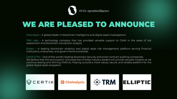 OVAX-AI announces a working session with leading blockchain intelligence firms, including Chainalysis, TRM Labs, Elliptic, and CertiK, whose logos are displayed below the announcement text. The image reinforces the post's message by visually showcasing the key industry partners—described as a global blockchain intelligence leader, a risk assessment technology company, a digital asset risk management platform, and a blockchain security and smart contract auditing company—who will collaborate on refining OVAX-AI.