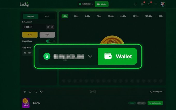 The image shows a Lucky.io crypto gambling interface with a $240.00 total profit, a $250.00 bet amount, and a highlighted wallet button. The post relates to the platform by announcing a giveaway where participants could win $200-$2,000 by guessing the outcome of the game's coin flip, as shown by the "CoinFlip" game label visible at the bottom.
