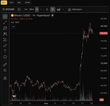 A TradingView BTCUSD chart showing Bitcoin/USDT price at approximately 79,103 on a 1-hour timeframe with a significant price spike visible.
