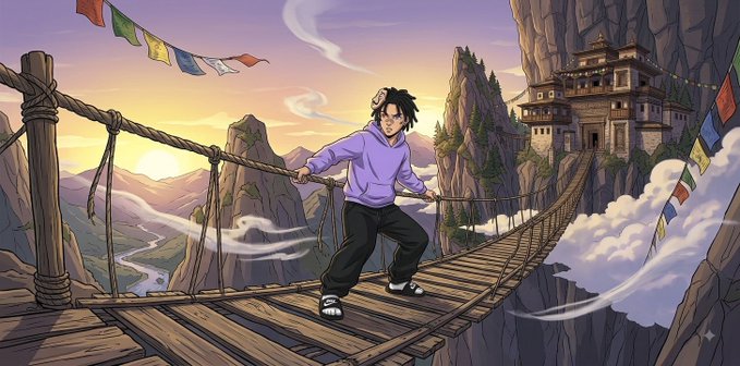 An anime-style illustration of a character with dark hair wearing a purple hoodie, walking across a wooden suspension bridge adorned with colorful prayer flags, leading to a building perched on a mountainside.