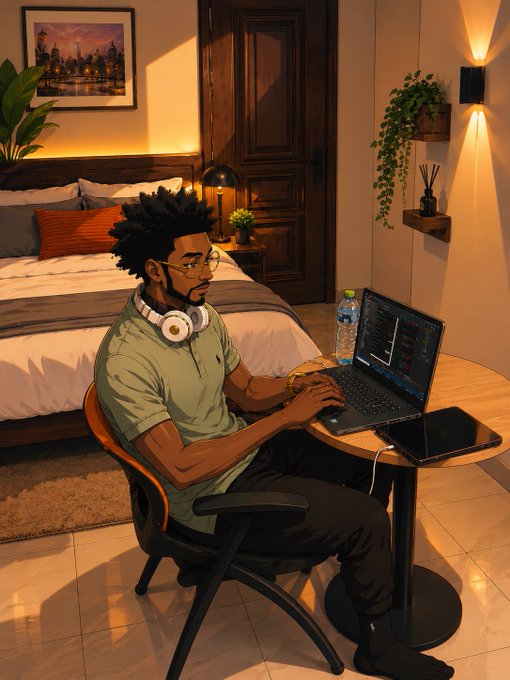 An animated illustration depicts a young man with headphones around his neck, working on a laptop displaying code while seated at a round table in a cozy bedroom setting.