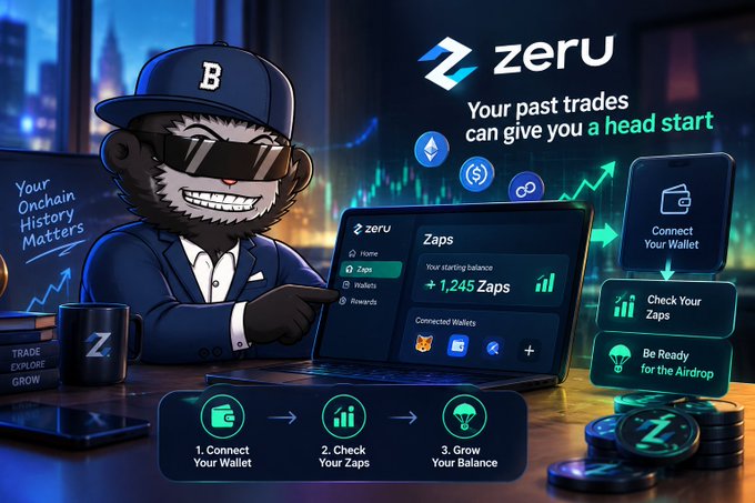 Promotional graphic for Zeru cryptocurrency, featuring a mascot in sunglasses beside text Your past trades can give you a head start and a 3-step process: Connect Your Wallet, Check Your Zaps, Grow Your Balance.
