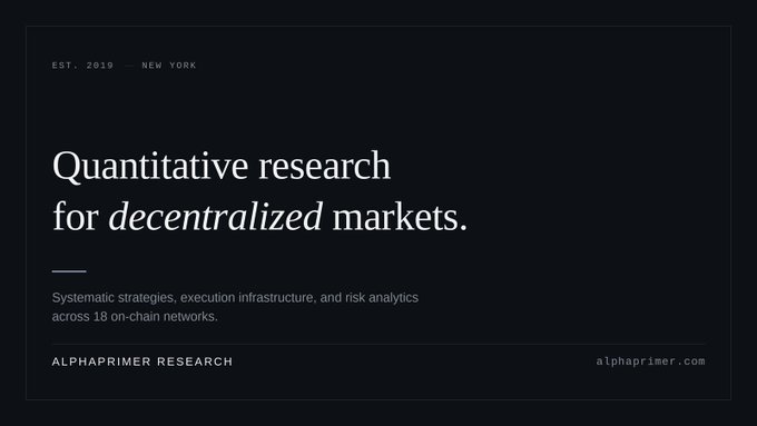Advertisement for Alphaprimer Research, a quantitative research firm established in 2019 in New York, offering systematic strategies and risk analytics across 18 on-chain networks.