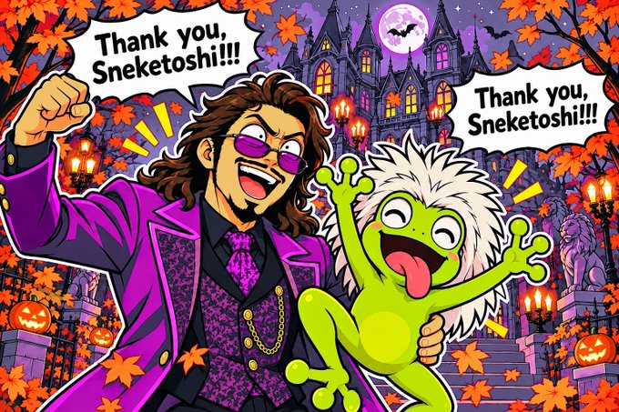 A vibrant cartoon shows a long-haired man in a purple suit and sunglasses cheering alongside a goofy green monster, with two speech bubbles reading "Thank you, Sneketoshi!!!" against a Halloween castle backdrop, expressing gratitude to the NFT collector Sneketoshi as mentioned in the post.