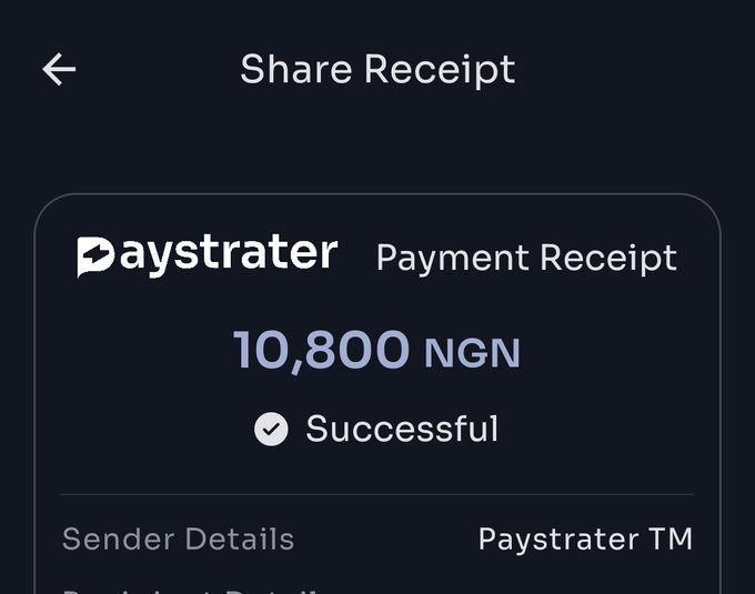 A 'Share Receipt' screen for a Paystrater transaction of 10,800 NGN marked 'Successful,' sent from 'Paystrater TM.'