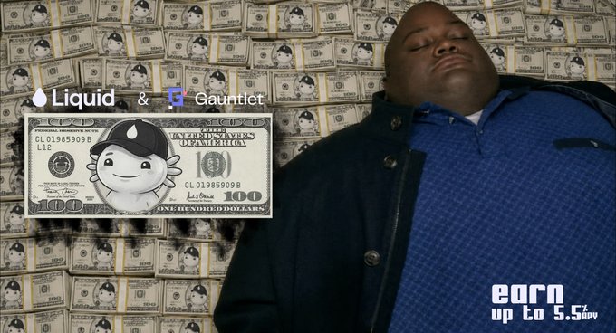 A promotional graphic showing a man lying against a wall of hundred dollar bills, featuring logos for 'Liquid' and 'Gauntlet' and text 'earn up to 5% APY'.