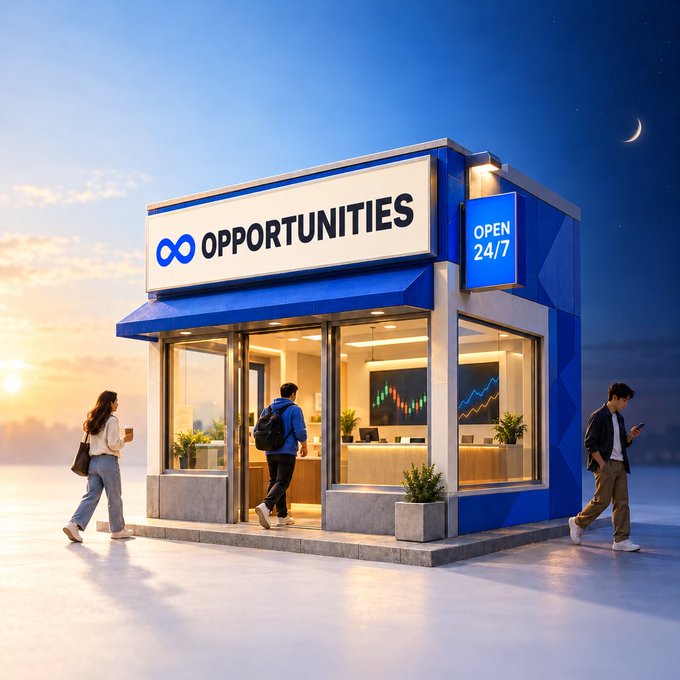 A 24/7 storefront boldly labeled "OPPORTUNITIES" with an infinity symbol invites visitors in, showing an "OPEN 24/7" sign, illuminated trading charts inside, and people arriving at any hour—perfectly capturing the idea that opportunity is always available, day or night.