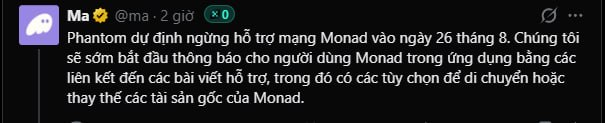 A screenshot of a tweet from user @ma posted 2 hours ago announcing that Phantom intends to discontinue support for the Monad network on August 26, with plans to notify Monad users in-app and provide help articles with options to move or replace their original Monad assets.

The image directly illustrates the accompanying post's claim about Phantom announcing its intention to stop supporting the Monad network, serving as visual evidence of the news being discussed regarding Monad's controversial airdrop strategy.