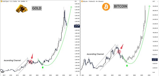 The image displays two graphs, each representing different cryptocurrency prices - Bitcoin (BTC) and Gold. The Bitcoin graph shows a sharp decline while the Gold graph depicts a slight upward trend. The caption of the image suggests that the price of Gold is mirroring the price of Bitcoin's classic ascending channel breakdown pattern before a potential macro flush to 300k. This implies that there might be some significant economic news or events affecting both Bitcoin and Gold markets, which could lead to fluctuations in their prices.