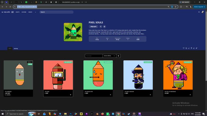 A web browser displays the Yolo Arts platform showing the "PIXEL SOULS" NFT collection, featuring colorful pixel art characters with various rarities and prices in XRP.