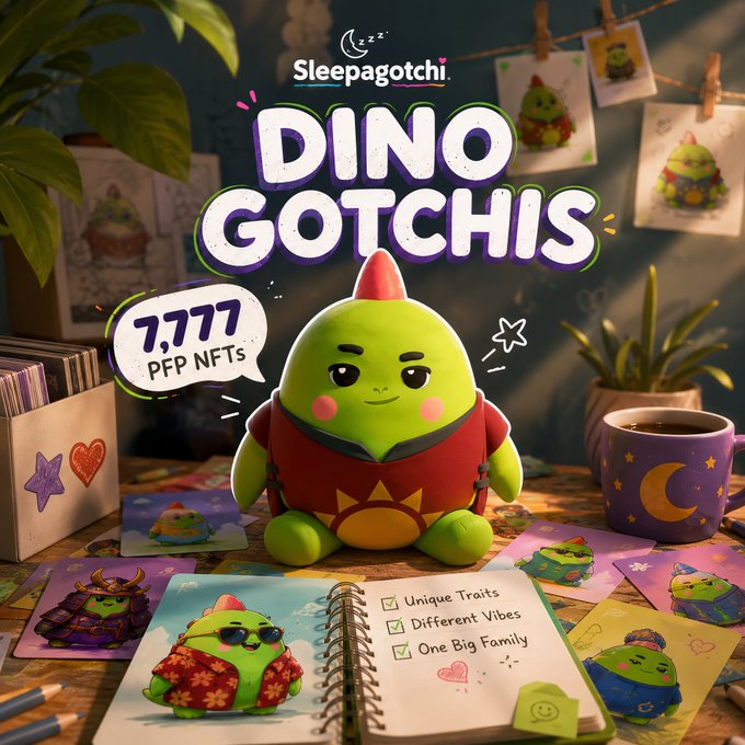 A promotional graphic for "Sleepagotchi" featuring "DINO GOTCHIS," showcasing a green dinosaur plush toy wearing a red vest, surrounded by character cards and a notebook listing "Unique Traits," "Different Vibes," and "One Big Family."