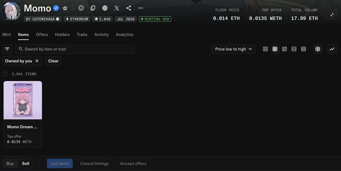 Screenshot of the Momo NFT collection page on OpenSea by QUTEKIYASAI, showing a floor price of 0.014 ETH, top offer of 0.0135 WETH, and 17.99 ETH total volume, with 2,041 items in the collection (one item "Momo Dream..." owned by the user, with a top offer of 0.0135 WETH).