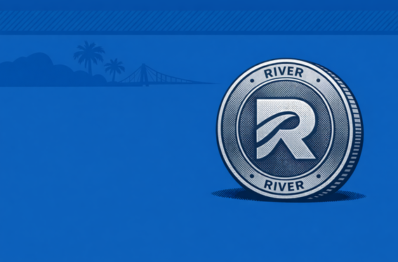 A large silver coin featuring the letter "R" and the word "RIVER" stamped on both its top and bottom edges sits prominently against a blue background with a faint silhouette of a bridge and palm trees. The imagery visually reinforces the post's focus on staking the RIVER token, framing it as more than a simple yield farming activity.
