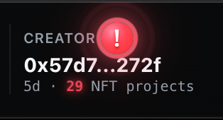 A dark interface shows a wallet address '0x57d7...272f' with the label 'CREATOR' and '29 NFT projects'.