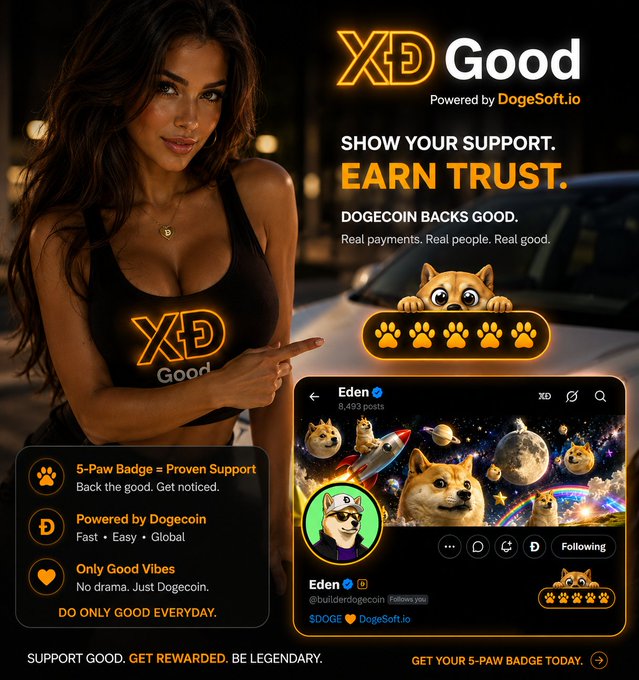 A promotional graphic for 'XD Good' by DogeSoft.io, featuring a woman in a branded tank top, various Doge meme graphics, and text highlighting features like '5-Paw Badge = Proven Support' and a profile for 'Eden @builderdogecoin'.