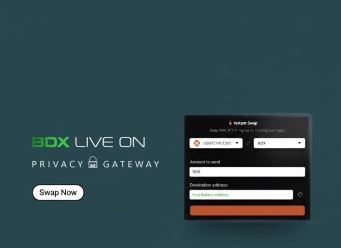 A promotional graphic with the text 'BDX LIVE ON PRIVACY GATEWAY' alongside a 'Swap Now' button, next to an 'Instant Swap' cryptocurrency exchange interface for trading USDT to BDX.