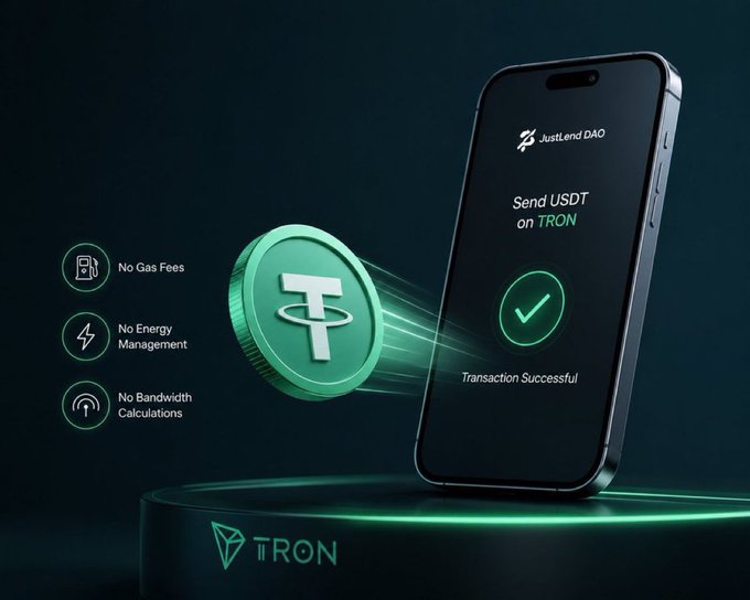 Promotional graphic for JustLend DAO showing a smartphone displaying "Send USDT on TRON" with a "Transaction Successful" checkmark, alongside a 3D Tether coin and features like "No Gas Fees," "No Energy Management," and "No Bandwidth Calculations."