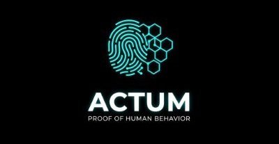 A black logo screen featuring a cyan fingerprint merged with hexagons, reading 'ACTUM — PROOF OF HUMAN BEHAVIOR'.