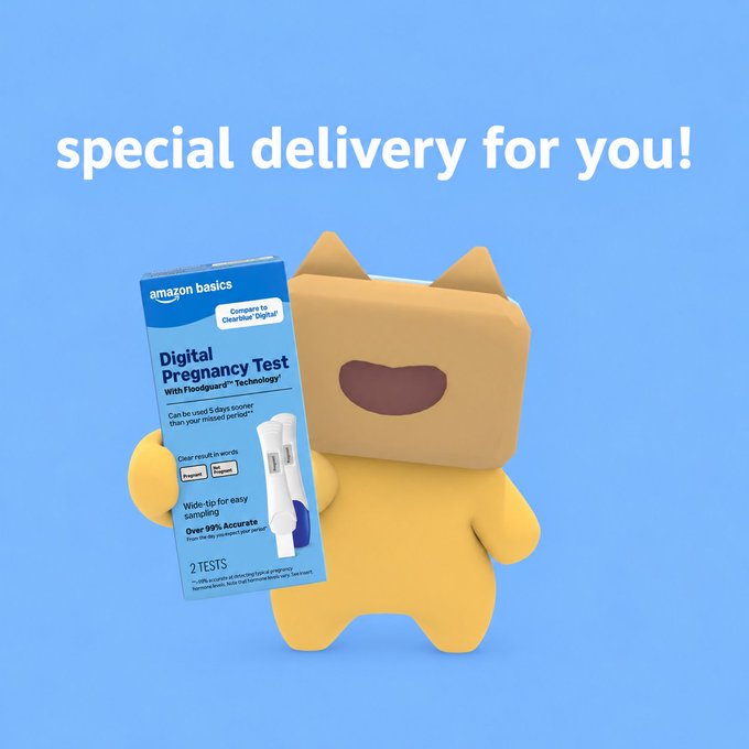 Meme graphic showing a yellow box-shaped character holding a box of Amazon Basics Digital Pregnancy Test with text reading 'special delivery for you!'