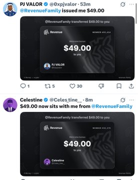 Two X (formerly Twitter) posts from users "PJ VALOR" and "Celestine" both displaying Revenue App transfer receipts of $49.00 received from "@RevenueFamily," illustrating the web3 promotional trend where users publicly share screenshots of small payments they received for referrals or marketing campaigns.