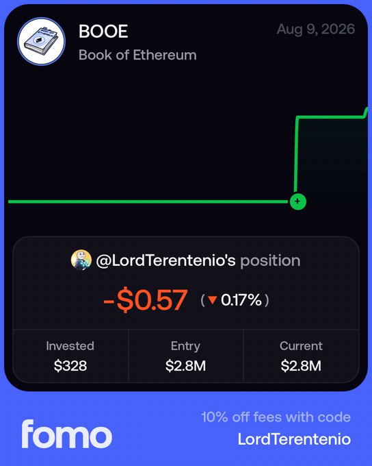 A mobile app screenshot from 'fomo' showing a chart for 'BOOE' (Book of Ethereum) on Aug 9, 2026, displaying a sudden upward price spike and showing @LordTerentenio's position with a -$0.57 loss, an entry of $2.8M, and a 10% off fees promo code.
