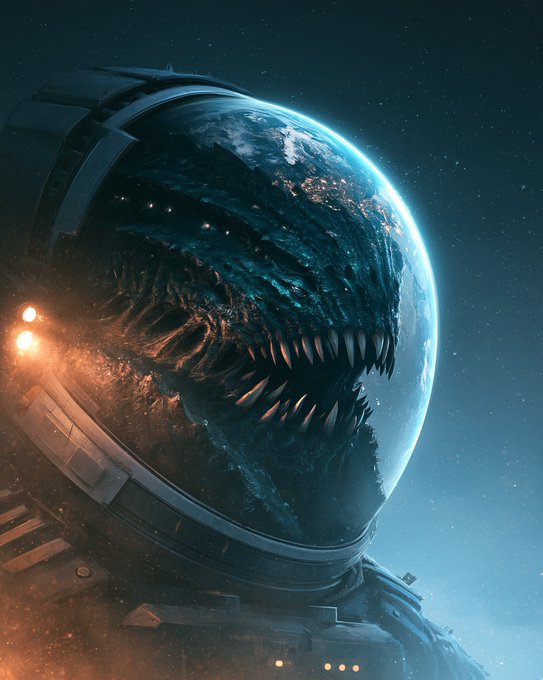 A dramatic digital artwork of Earth transformed into a monstrous planet with sharp teeth, partially encased in a mechanical structure against a starry space backdrop.