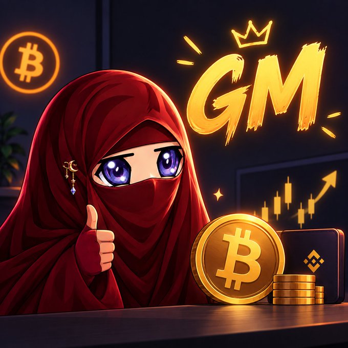 A digital illustration of an anime character wearing a red hijab giving a thumbs-up next to golden Bitcoin and Binance coins, with a glowing 'GM' text and a candlestick chart showing upward trends in the background.