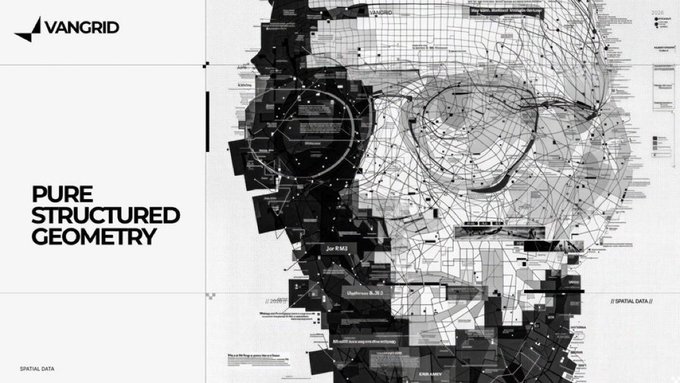 A black and white digital artwork titled 'PURE STRUCTURED GEOMETRY' by VANGRID, featuring an abstract portrait composed of fragmented geometric shapes and wireframe patterns.