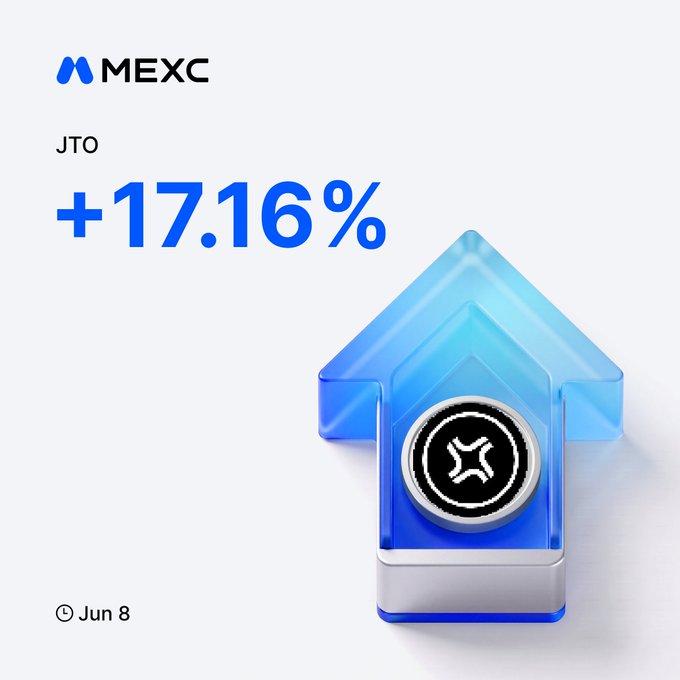 In the image, there's a blue and silver upward-pointing arrow with a black X logo positioned right below. The arrow also has the text "JTO" written at its top center. Below this, there are two numbers, "17.16%" placed on either side of the arrow, likely indicating an increase in value or a change in some property related to the arrow. At the bottom, we find a date and a title: "Jun 8th". This may indicate that the post is about something happening on June 8th, perhaps related to the exchange.
