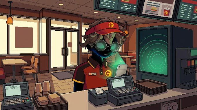 A 2D cartoon-style image of a fast-food employee wearing a red visor and uniform, looking at a glowing smartphone in what appears to be a restaurant setting with a radar screen and register.