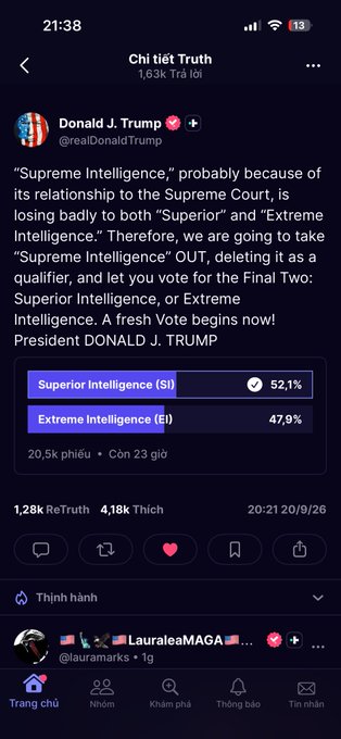 A screenshot of a Truth Social post by Donald J. Trump (@realDonaldTrump) discussing 'Supreme Intelligence' versus 'Superior' and 'Extreme Intelligence', showing a poll with Superior Intelligence at 52.1% and Extreme Intelligence at 47.9%.