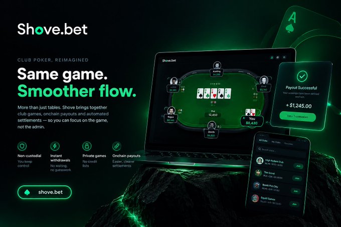 A promotional banner for Shove.bet with the tagline 'Club poker, reimagined. Same game. Smoother flow.' showing a digital poker interface with a payout confirmation of $1,245.00.