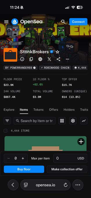 A screenshot of the OpenSea NFT marketplace showing the StonkBrokers collection on the Robinhood Chain, with a floor price of $23.9K (+62.6% in 1D) and 4,444 items, aligning with the post's claim that Stonkbrokers reached its floor price of $23.9K.