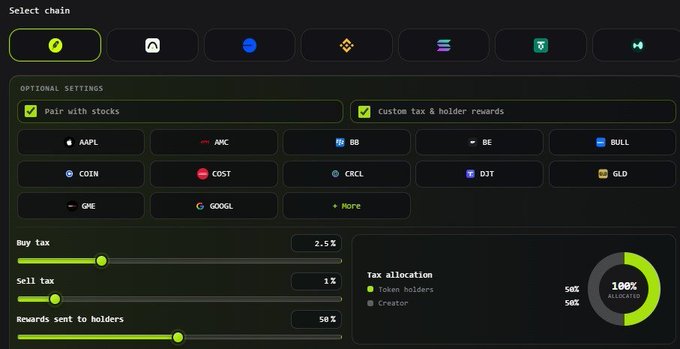 The image displays a token configuration interface on Launchpad.meme, showing chain selection options (with one selected), "Pair with stocks" and "Custom tax & holder rewards" settings, stock tickers like AAPL, AMC, BB, BE, and BULL, adjustable buy tax (2.5%), sell tax (1%), and rewards to holders (50%), plus a 50/50 token holder/creator tax allocation. It illustrates the platform's token deployment tool used for launching meme tokens across multiple blockchains.