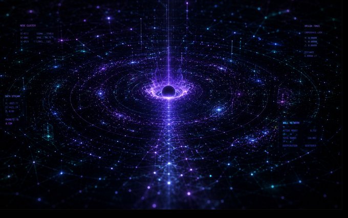 A digital artwork of a black hole surrounded by glowing purple and blue energy rings and a network of stars and data points against a dark space background.