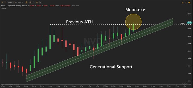 A TradingView weekly chart of NVIDIA ($NVDA) showing the stock breaking above its previous all-time high (~$293.67) with a "Moon.exe" annotation highlighting the breakout, while price continues to ride along an upward-sloping green "Generational Support" trendline — visually capturing the moment NVDA surged into new price discovery territory.