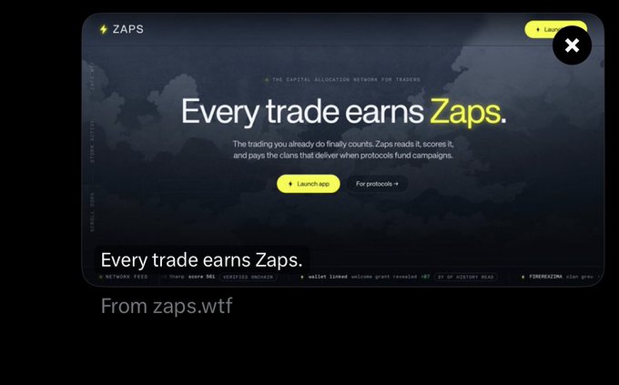 An advertisement for 'Zaps' from zaps.wtf, described as 'THE CAPITAL ALLOCATION NETWORK FOR TRADERS,' promoting the message 'Every trade earns Zaps' with buttons to 'Launch App' or 'For protocols'.