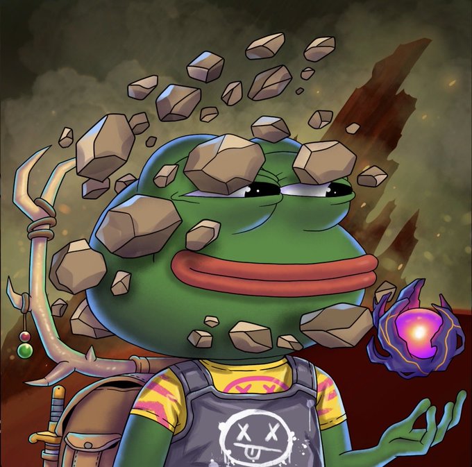 Digital illustration of a Pepe the Frog character designed to look like a mage, wearing a tattered shirt with an X-eyes logo, a backpack, and wielding a staff, surrounded by floating rocks and a magical purple flame.